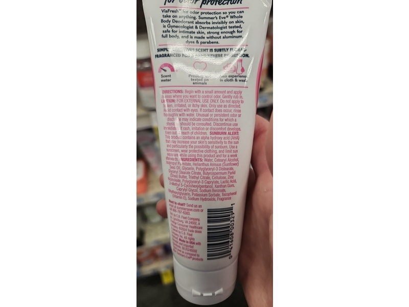 Summer's Eve Whole Body Deodorant Cream, 3 fl oz/89 mL