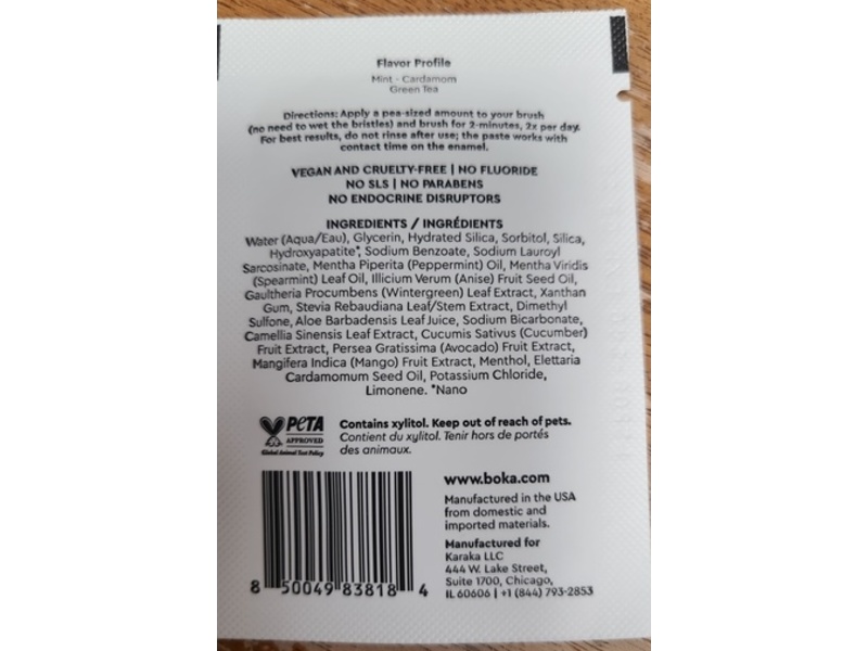 Boka Nano-Hydroxyapatite Toothpaste, Ela Mint, Fluoride-Free, 0.06 fl oz/2 mL