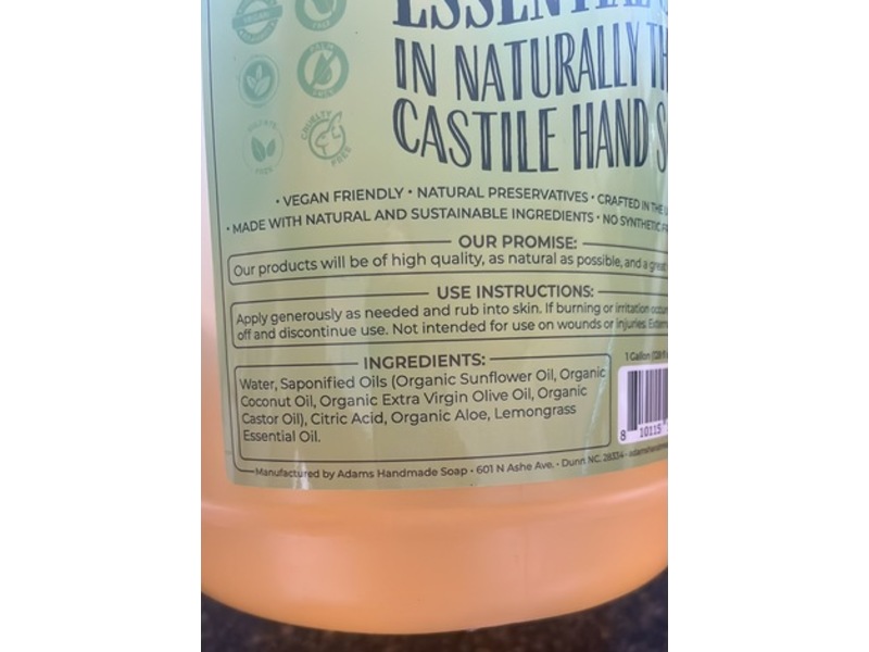 Adams Handmade Soap Castile Hand Soap, Lemongrass Essential Oil, 128 fl oz/3.78 L