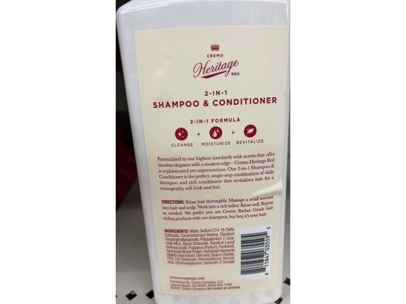 Cremo Heritage Red 2-In-1 Shampoo & Conditioner, No 508, 16 fl oz/473 mL