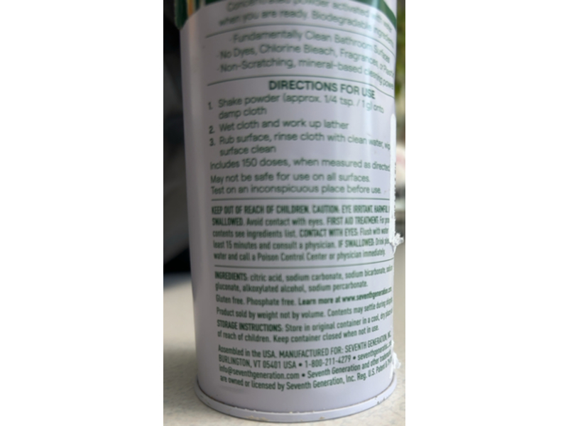 Seventh Generation Zero Plastic Bathroom Cleaning Powder, 150 Loads, 5.4 oz/153 g