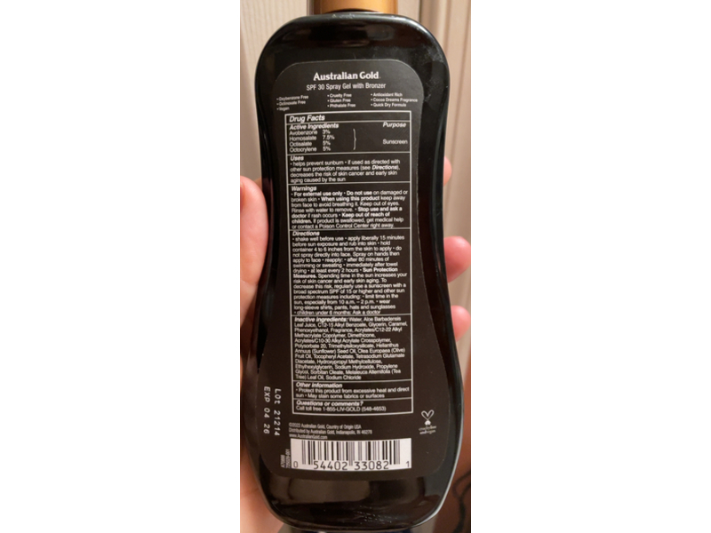 Australian Gold Instant Bronzer Spray Gel Sunscreen, SPF 30, 8 fl oz/237 mL