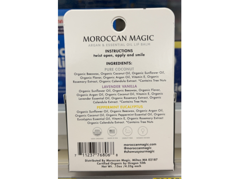 Moroccan Magic Argan & Essential Oil Lip Balm, Pure Coconut + Lavender Vanilla + Peppermint Eucalyptus, 0.15 oz/4.25 g, 3 Count