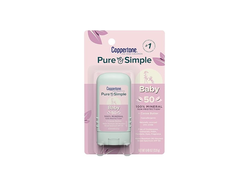 Coppertone Pure & Simple Baby Sunscreen Stick, SPF 50, Cocoa Butter, 0.49 oz/13.9 g