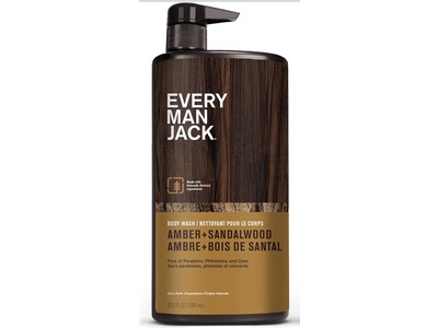 Every Man Jack Body Wash, Amber + Sandalwood, 33.8 fl oz/1000 mL, Pack Of 2