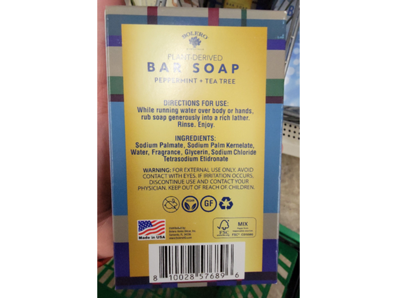 Bolero Plant-Derived Bar Soap, Peppermint & Tea Tree, 6.25 oz/177 g