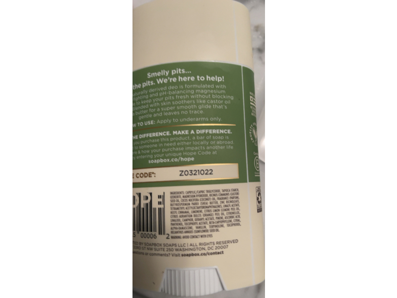 Soapbox Deodorant, Bergamot & Citrus, 2.65 oz/75 g