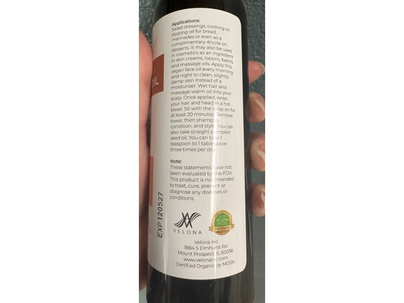 Velona Certified Organic Cold Pressed Oil, Pumpkin Seed, 8 fl oz/237 mL