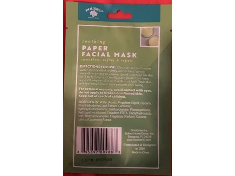 Bolero Beverly Hills Facial Paper Mask, Cucumber Aloe, 0.37 fl oz/11 mL