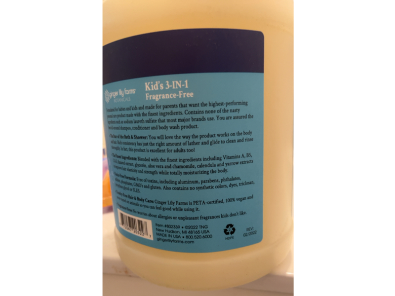 Ginger Lily Farms Botanicals Kid's 3-In-1 Shampoo, Conditioner & Body Wash, 128 fl oz/3.78 L