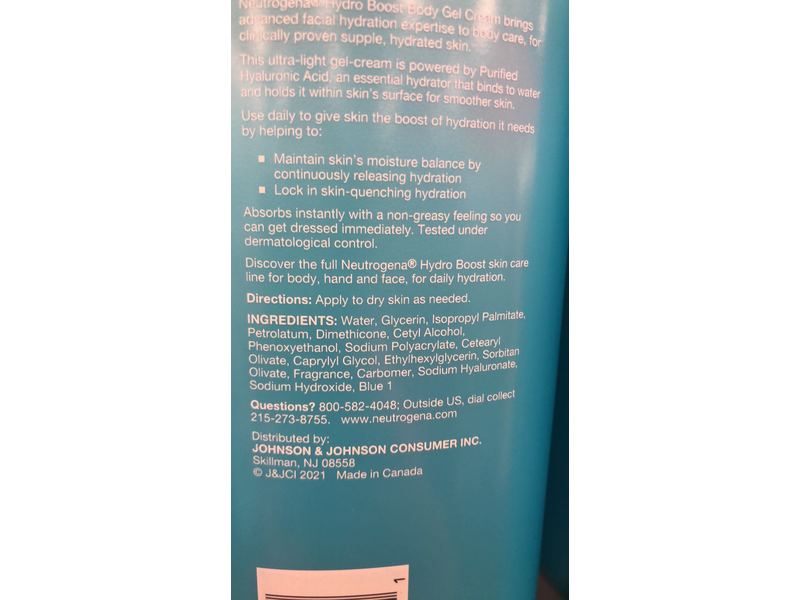 Neutrogena Hydro Boost Body Gel Cream, Hyaluronic Acid, 16 oz/453 g