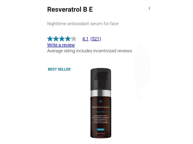 SkinCeuticals Resveratrol B E Antioxidant Night Face Serum, Prevent, 1 fl oz/30 mL