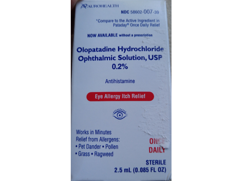 Aurohealth Eye Allergy Itch relief, Olopatadine Hydrochloride Ophthalmic Solution ,0.085 fl oz/ 2.5 mL