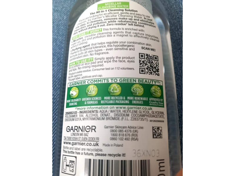 Garnier Skin Active All In 1 Micellar Cleansing Water, Combination & Oily Skin, 400 mL