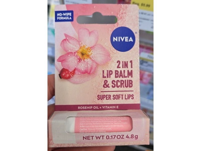 Nivea 2 In 1 Lip Balm & Scrub, Rosehip Oil + Vitamin E, 0.17 oz/4.8 g