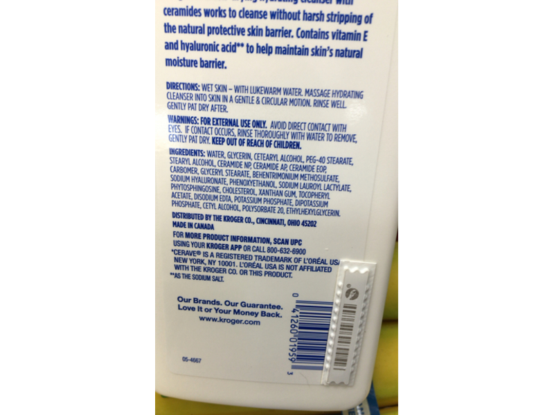 Kroger Hydrating Facial Cleanser, 3 Ceramides & Hyaluronic Acid, 12 fl oz/355 mL