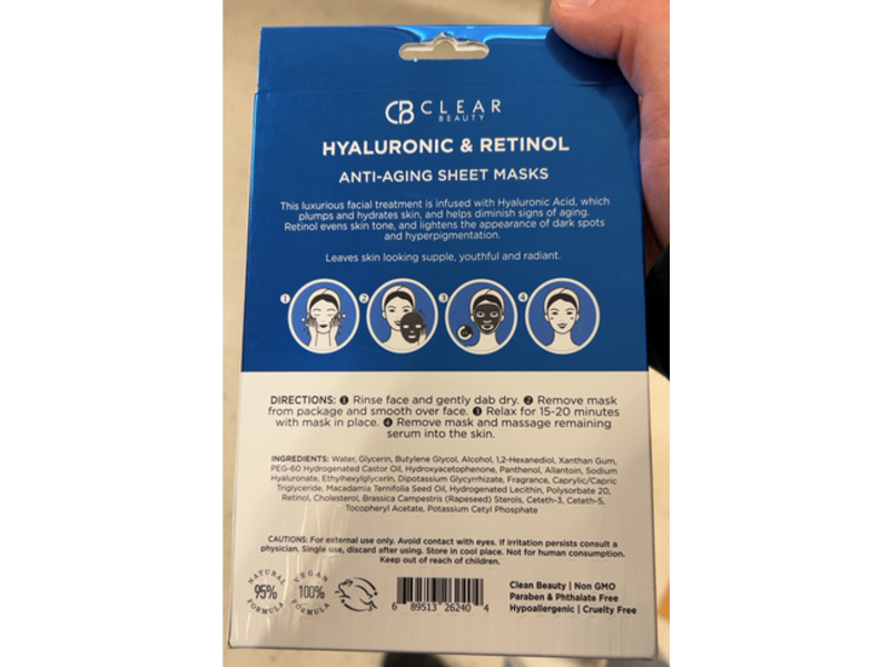 Clear Beauty Hyaluronic & Retinol Sheet Mask, 3.7 oz/105 g, Pack Of 5