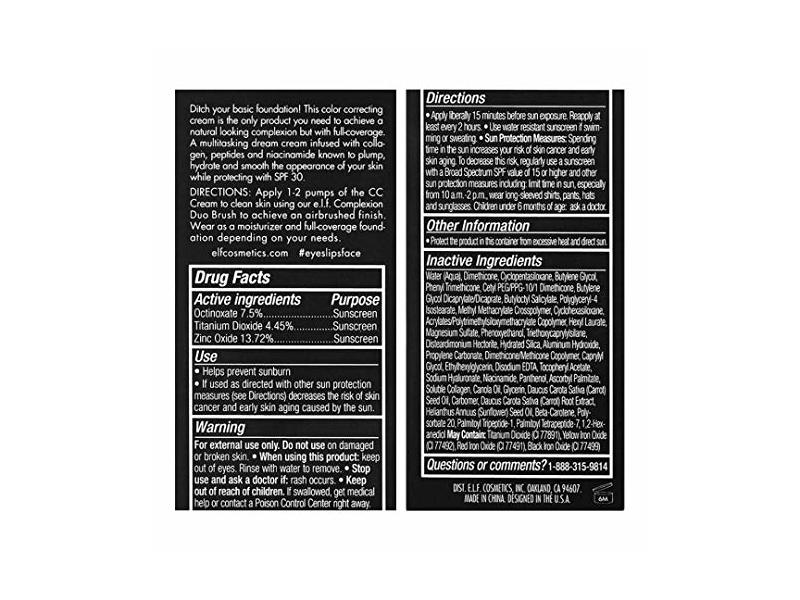 E.l.f Camo CC Cream Color Correcting Full Coverage Foundation, SPF 30, Medium 330 W, 1.05 oz / 30 g