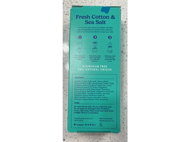 Wild Refillable Deodorant, Fresh Cotton & Sea Salt, 1.4 oz/40 g