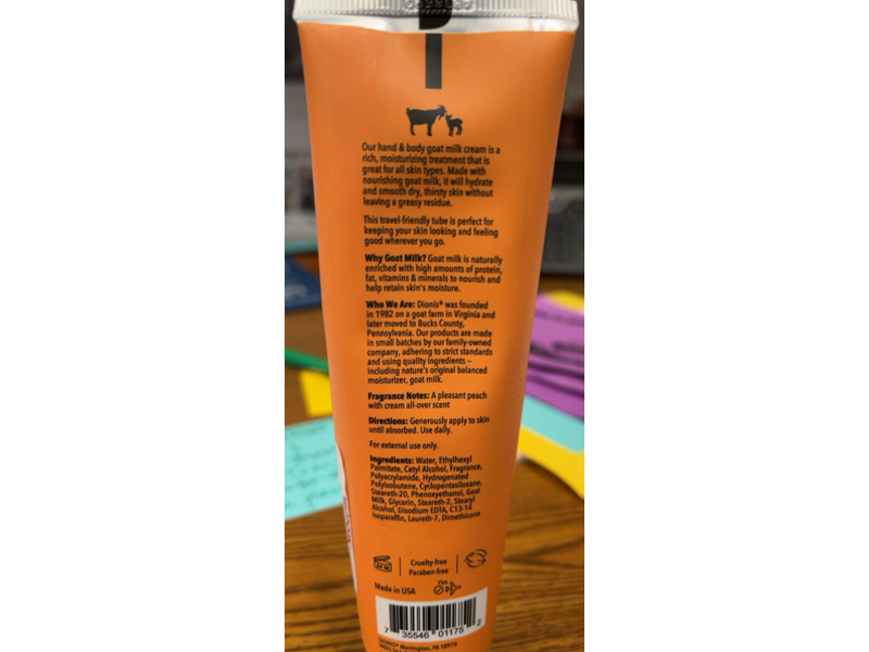 Dionis Hand & Body Goat Milk Cream, Peach Delight, 3.3 oz/93 g