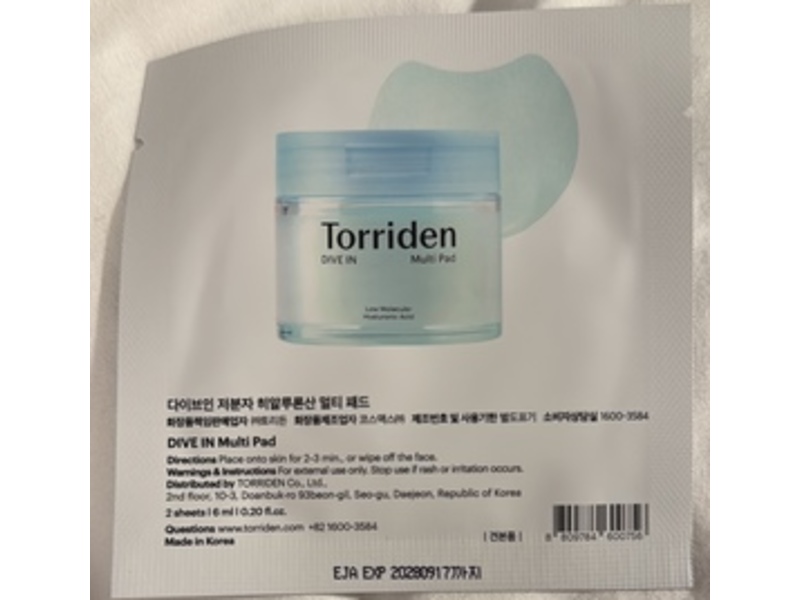 Torriden Dive In Multi Pad, Low Molecule Hyaluronic Acid, 0.2 fl oz/6 mL, 2 Count