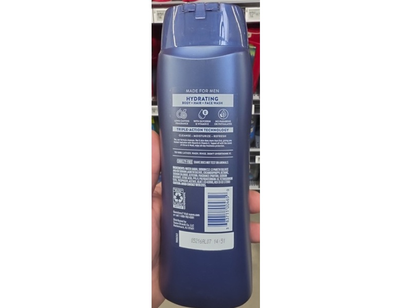 Suave Men Hydrating 3-in-1 Body + Hair + Face Wash, Fresh Citrus & Musk, 18 fl oz/532 mL