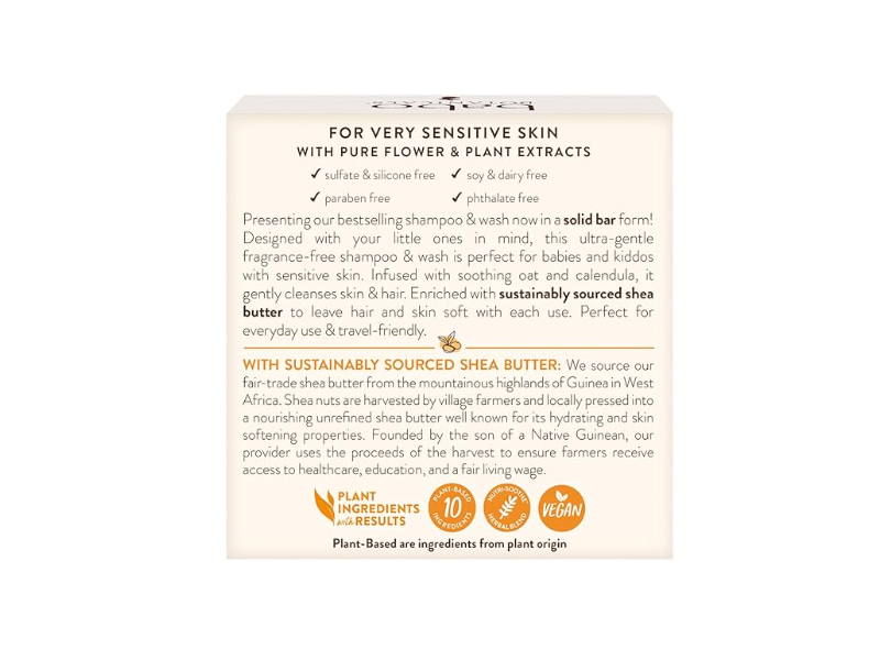 Babo Botanicals Sensitive Baby Shampoo & Wash Bar, Fragrance-Free, 3.5 oz/100 g