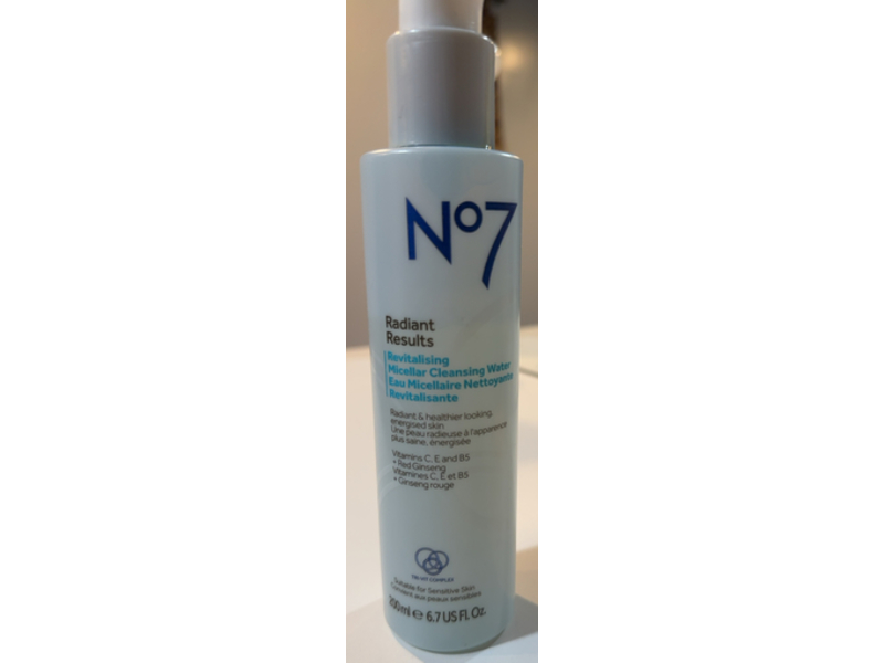 No7 Radiant Results Micellar Cleansing Water, Vitamins C, E & B5 + Red Ginseng, 6.7 fl oz/200 mL
