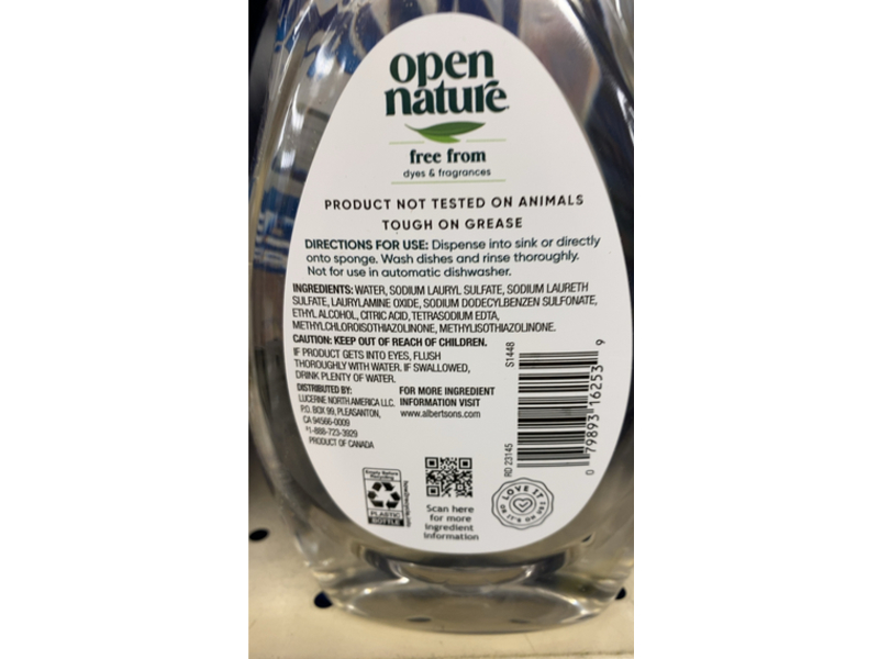 Open Nature Dish Washing Liquid, Free & Clear, 19 fl oz/562 mL