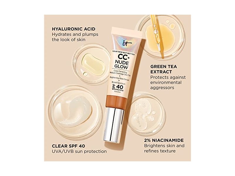 CC+ Nude Glow Lightweight Foundation + Glow Serum with SPF 40 - With Niacinamide, Hyaluronic Acid & Green Tea Extract - Tan Rich - 1.08 fl oz
