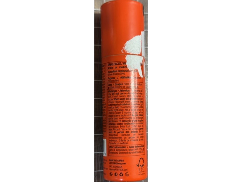 Attitude Mineral Face Sunscreen Stick, Unscented, SPF 30, 1 oz/30 g