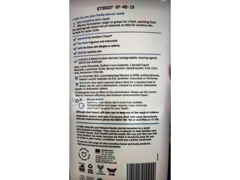 Ecostore Ultrasensitive Dish Liquid, 16.9 fl oz/500 mL