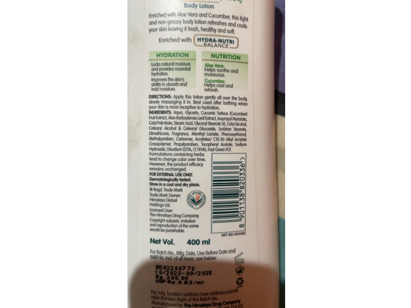 Himalaya Refreshing Body Lotion, Aloe & Cucumber, 400 mL