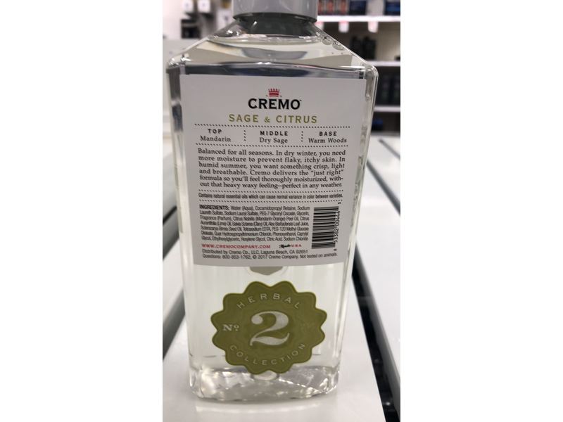 Cremo All Season Body Wash, No. 2, Sage & Citrus, 16 fl oz/473 mL