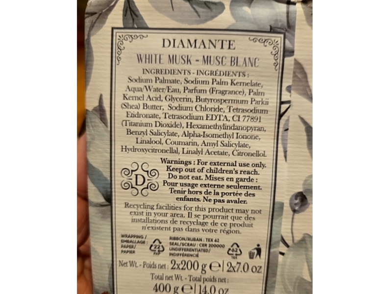 Diamante Fine Triple Milled Soap Bar, White Musk, 14 oz/400 g