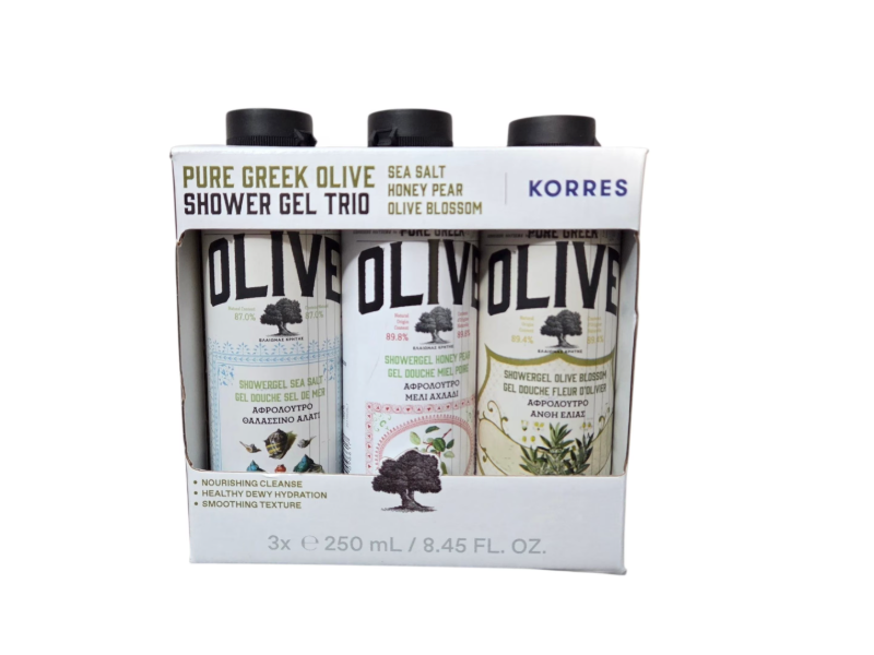 Korres Pure Greek Olive Shower Gel Trio, Sea Salt, Honey Pear, Olive Blossom, 8.45 fl oz/250 mL