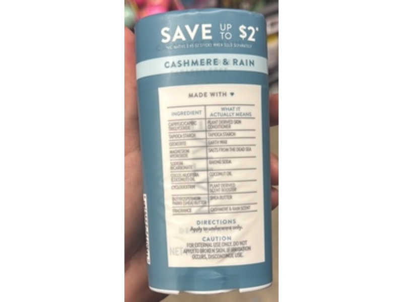 Native Deodorant, Cashmere & Rain, 2.3 oz/65 g, Pack Of 2