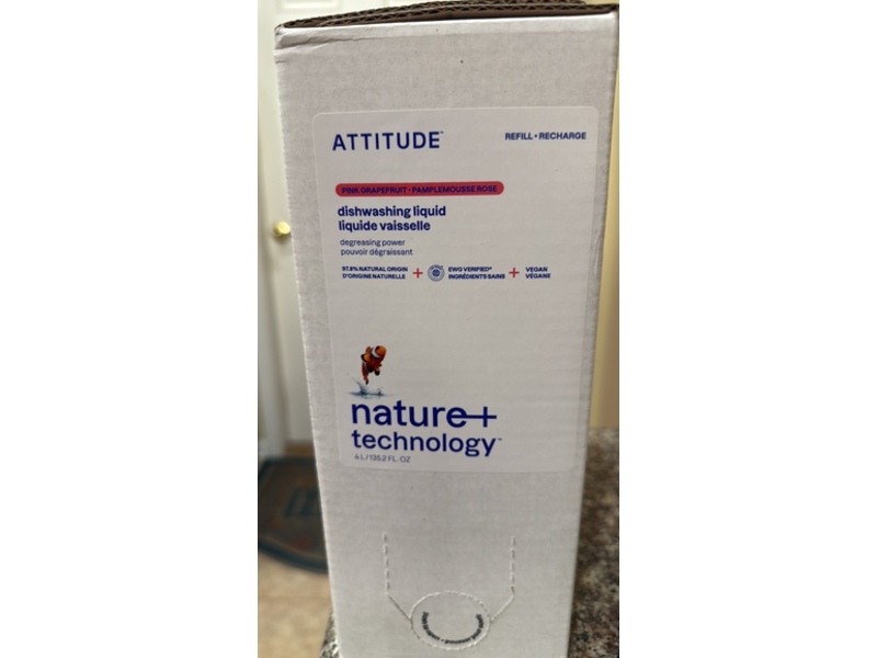 Attitude Nature+ Technology Dishwashing Liquid, Pink Grapefruit, 135.2 fl oz/4 L