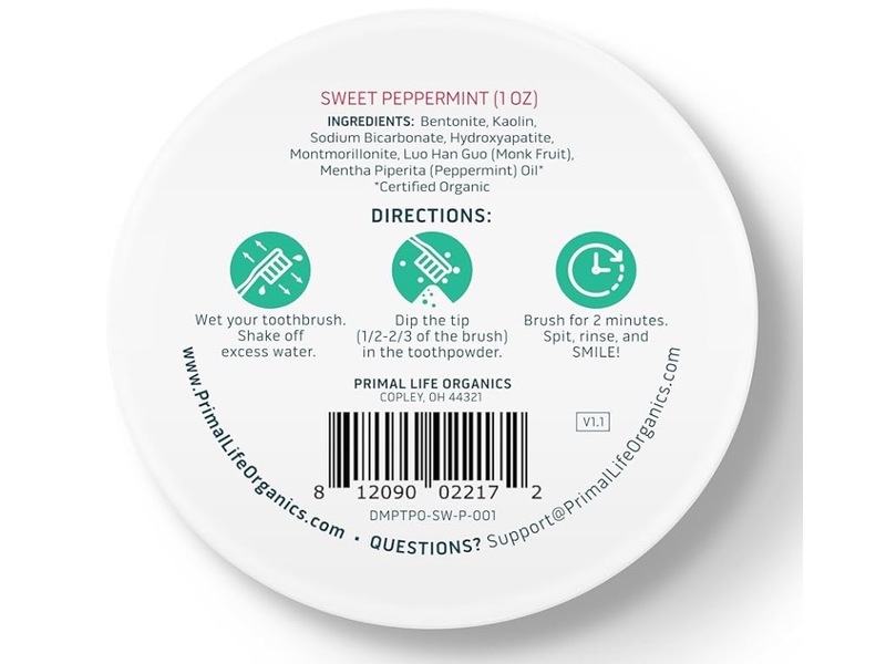 Primalife Powdered Mineral Toothpaste, Sweet Peppermint, 1 oz/28 g