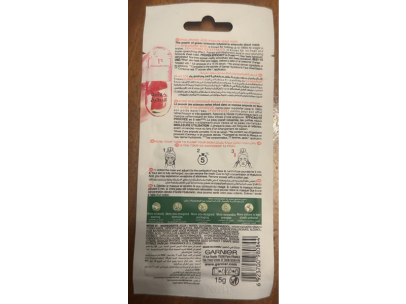 Garnier Hyaluronic Acid Ampoule sheet mask, Watermelon, 15 g