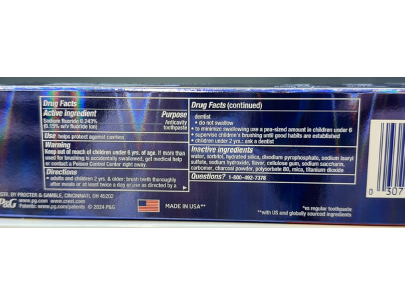 Crest 3D White Advanced Anticavity Toothpaste, Charcoal, 3.3 oz/93 g, Pack Of 3