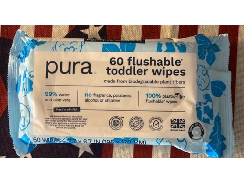 Pura Flushable Toddler Wipes, 60 Wipes