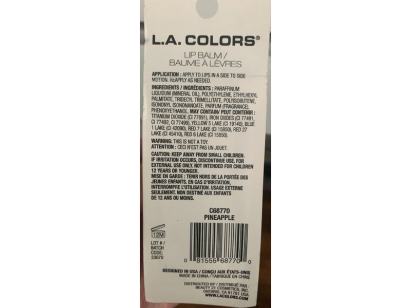 L.A Colors Cutie Lip Balm, Pineapple, 0.09 oz/2.5 g