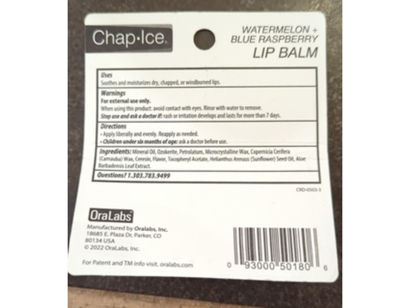 Chap Ice Crazy Lip Balm, Watermelon & Blue Raspberry, 0.28 oz/8 g, Pack Of 2
