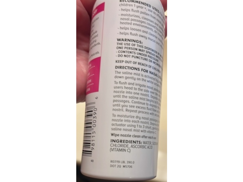 Zarbee's Naturals Saline Nasal Mist, Vitamin C, 3 fl oz/88 mL
