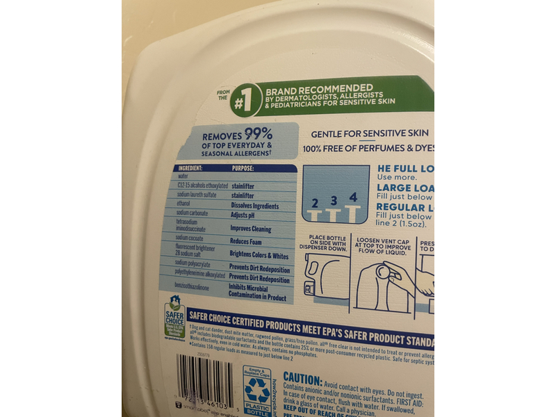 All Plus Superior Whitening & Brightening Laundry Detergent, Free Clear, 158 Loads, 237 fl oz/7 L