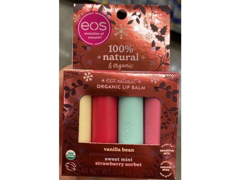 EOS Organic Lip Balm, Vanilla Bean, Pomegranate Raspberry, Sweet Mint, Strawberry Sorbet, 0.14 oz/4 g