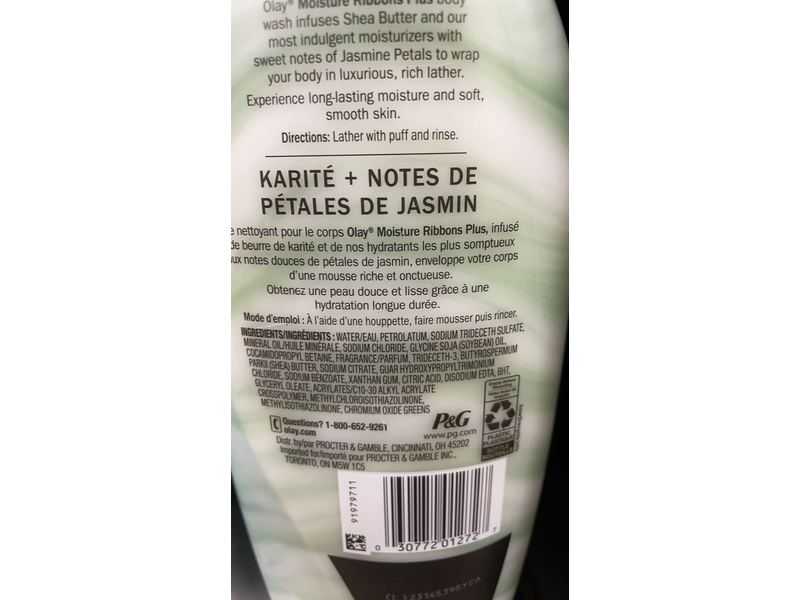 Olay Moisture Ribbons Plus Body Wash, Shea + Notes Of Jasmine Petals, 18 fl oz/532 mL, Pack Of 4