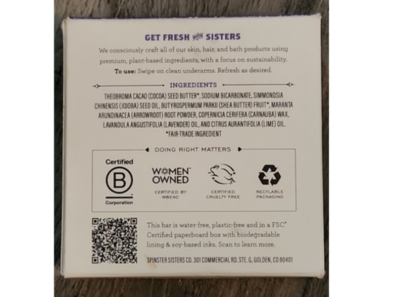 Spinster Sister Co. Deodorant Bar, Lavender Lime, 2.8 oz/79 g