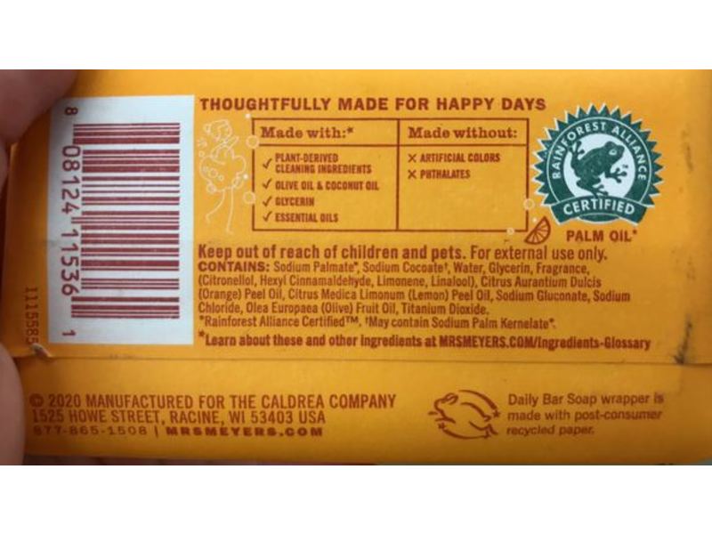 Mrs. Meyer's Clean Day Daily Bar Soap, Clementine Scent, 5.3 oz/150 g